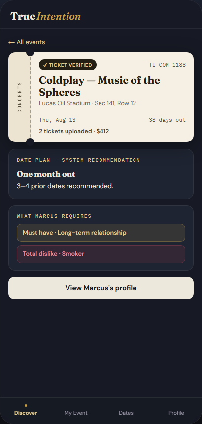 Event detail screen for a verified Coldplay concert ticket, with a system-recommended date plan and the poster’s dealbreakers listed
